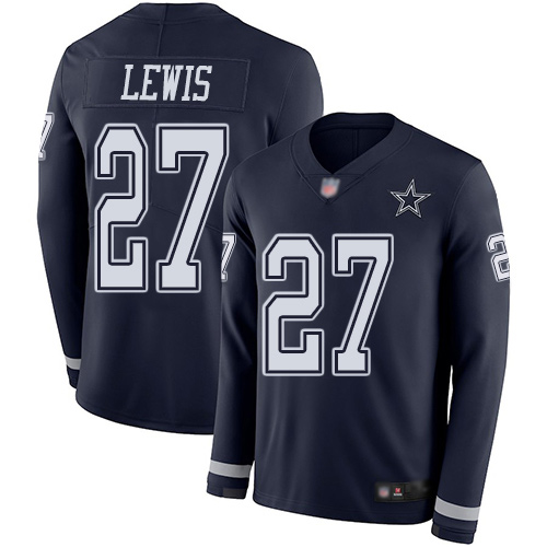Men Dallas Cowboys Limited Navy Blue Jourdan Lewis #27 Therma Long Sleeve NFL Jersey